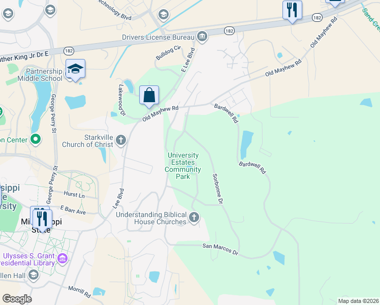 map of restaurants, bars, coffee shops, grocery stores, and more near 900-1128 Cambridge Drive in Starkville
