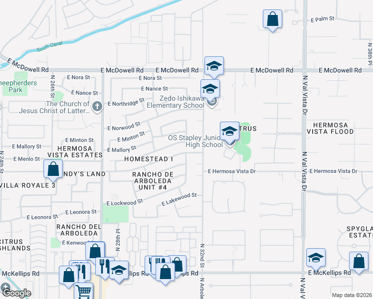 map of restaurants, bars, coffee shops, grocery stores, and more near 3112 East Hermosa Vista Drive in Mesa