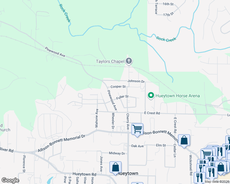 map of restaurants, bars, coffee shops, grocery stores, and more near 102 Midfield Avenue in Hueytown