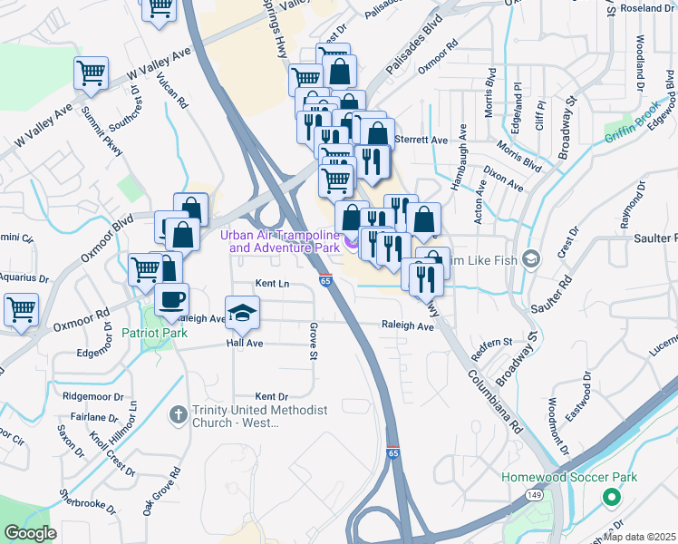 map of restaurants, bars, coffee shops, grocery stores, and more near 601 Greenhill Drive in Birmingham