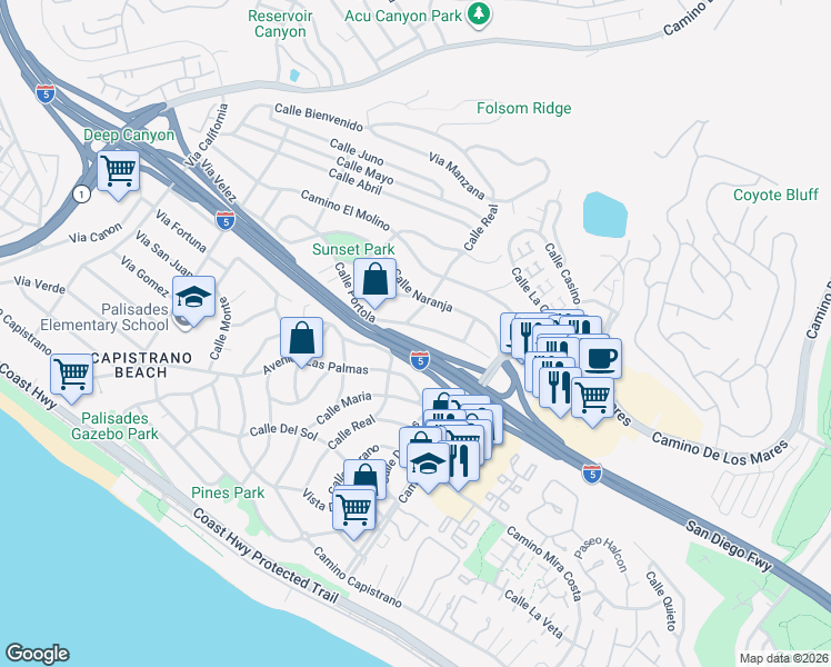 map of restaurants, bars, coffee shops, grocery stores, and more near 34559 Calle Portola in Dana Point