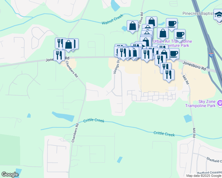 map of restaurants, bars, coffee shops, grocery stores, and more near 166 Vinings Drive in McDonough