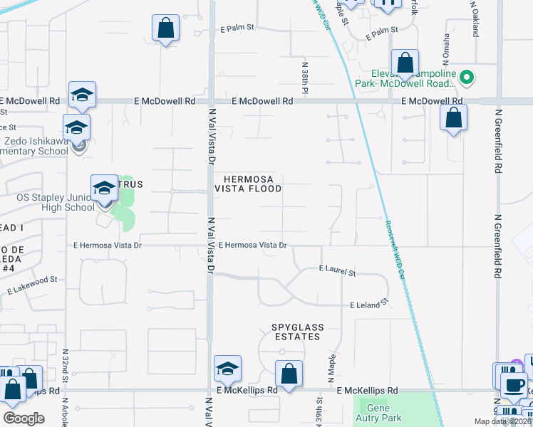 map of restaurants, bars, coffee shops, grocery stores, and more near 3735 East Mallory Street in Mesa