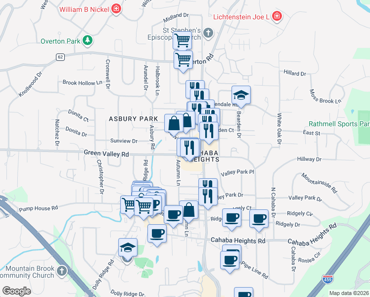 map of restaurants, bars, coffee shops, grocery stores, and more near 3150 Green Valley Road in Birmingham