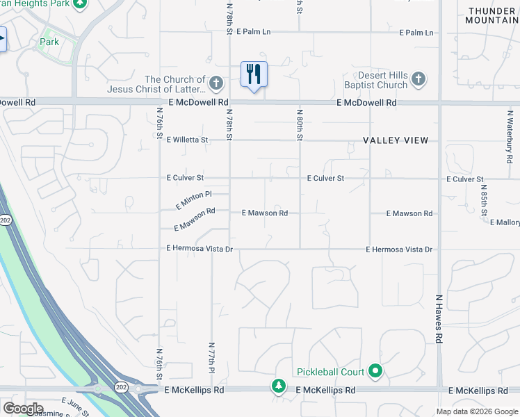 map of restaurants, bars, coffee shops, grocery stores, and more near 7860 East Mawson Road in Mesa