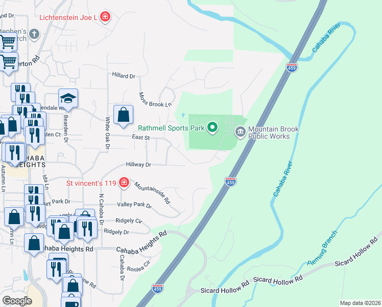 map of restaurants, bars, coffee shops, grocery stores, and more near 3528 East St in Vestavia Hills