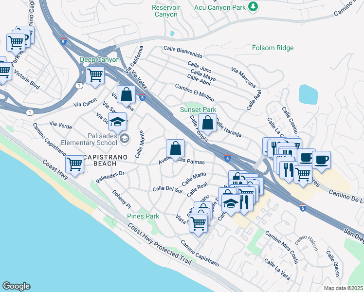 map of restaurants, bars, coffee shops, grocery stores, and more near 34581 Calle Rosita in Dana Point