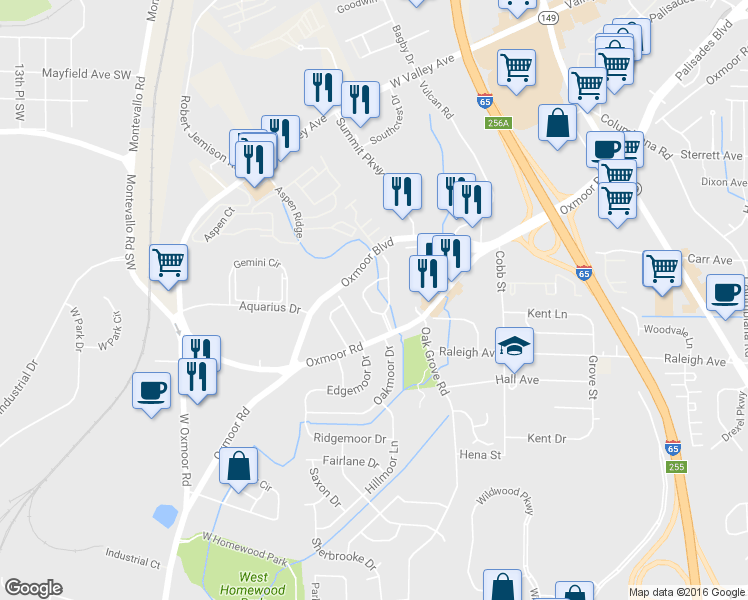 map of restaurants, bars, coffee shops, grocery stores, and more near 541 Edgecrest Circle in Birmingham