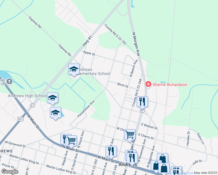 map of restaurants, bars, coffee shops, grocery stores, and more near 200 West Gapway Road in Andrews