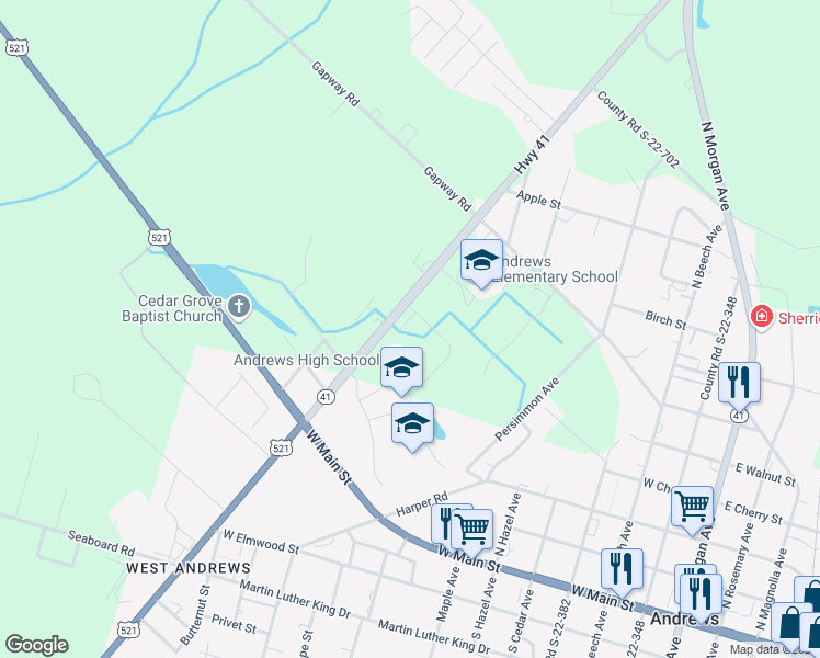 map of restaurants, bars, coffee shops, grocery stores, and more near 12890 County Line Road in Andrews
