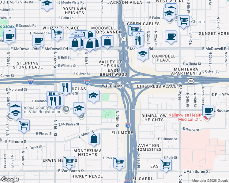 map of restaurants, bars, coffee shops, grocery stores, and more near 1938 East Portland Street in Phoenix