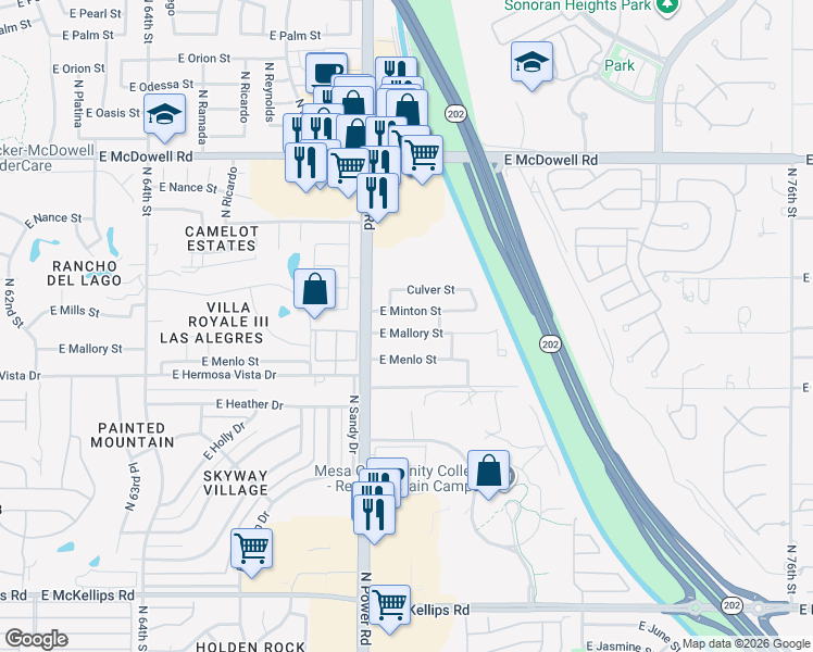 map of restaurants, bars, coffee shops, grocery stores, and more near 6862 East Mallory Street in Mesa