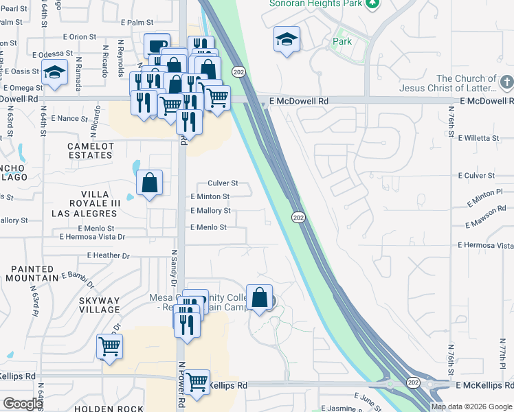 map of restaurants, bars, coffee shops, grocery stores, and more near 7050 East Mallory Street in Mesa