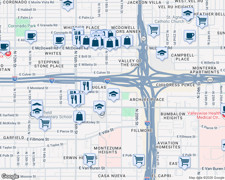 map of restaurants, bars, coffee shops, grocery stores, and more near 1818 East Portland Street in Phoenix