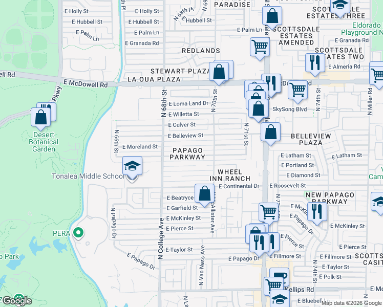 map of restaurants, bars, coffee shops, grocery stores, and more near 6908 East Latham Street in Scottsdale