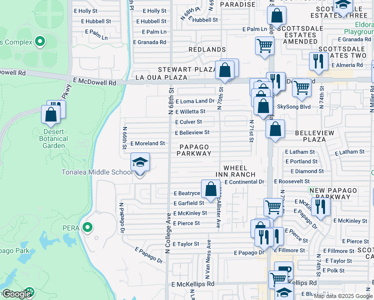 map of restaurants, bars, coffee shops, grocery stores, and more near 6843 East Latham Street in Scottsdale