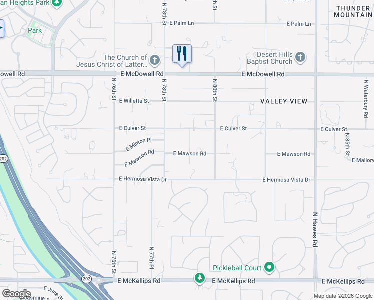 map of restaurants, bars, coffee shops, grocery stores, and more near 7860 East Mawson Road in Mesa