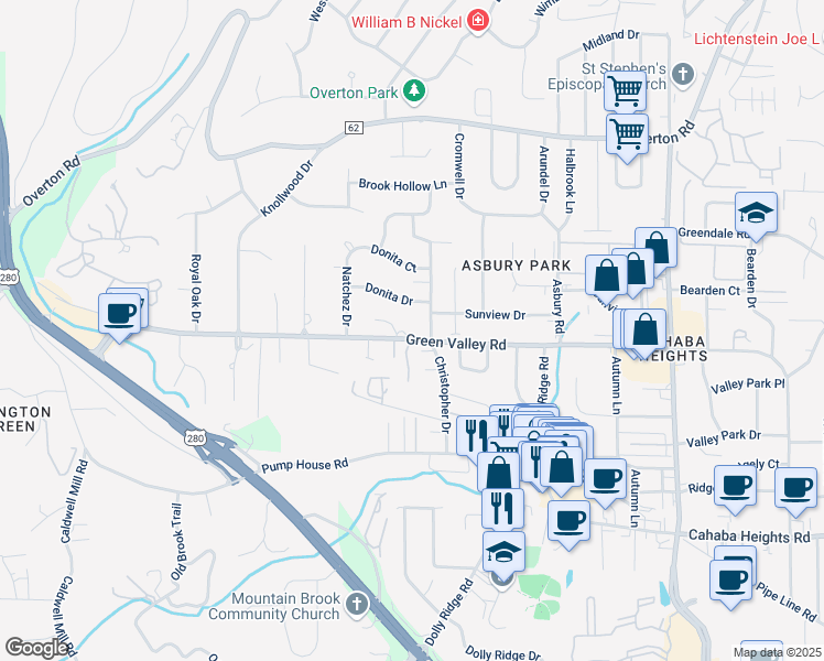 map of restaurants, bars, coffee shops, grocery stores, and more near 2994 Green Valley Road in Vestavia Hills