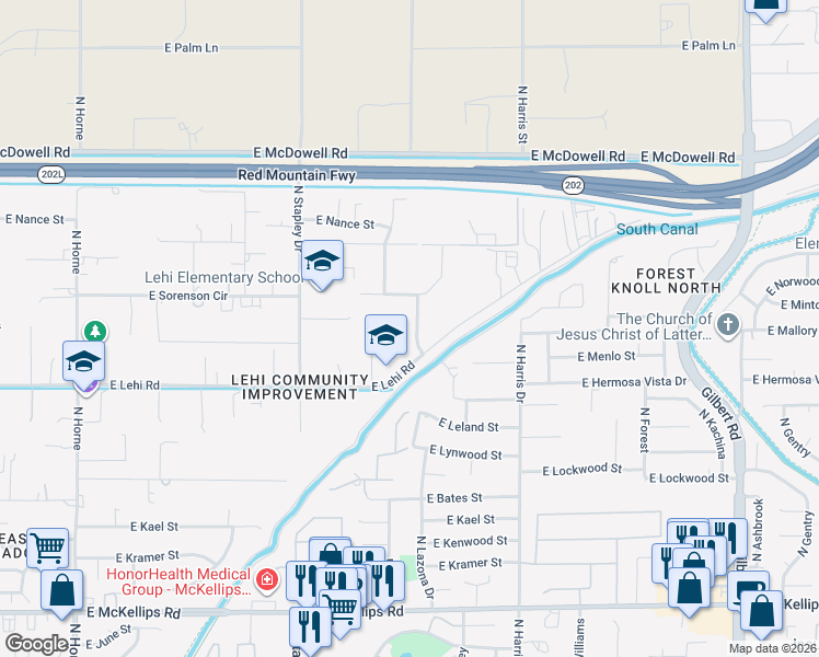 map of restaurants, bars, coffee shops, grocery stores, and more near 2502 North Lazona Drive in Mesa