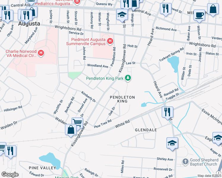 map of restaurants, bars, coffee shops, grocery stores, and more near 1701 Holly Hill Road in Augusta