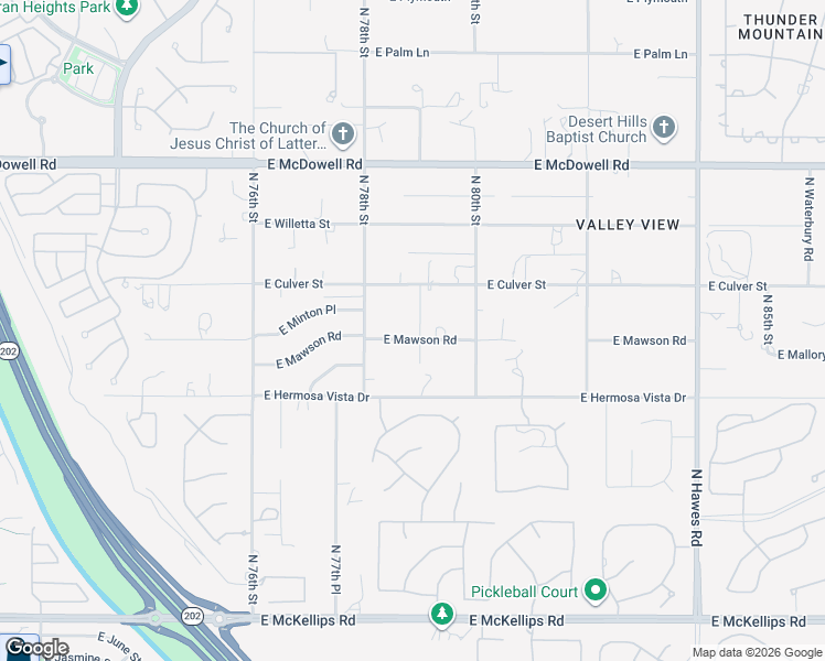 map of restaurants, bars, coffee shops, grocery stores, and more near 7860 East Mawson Road in Mesa