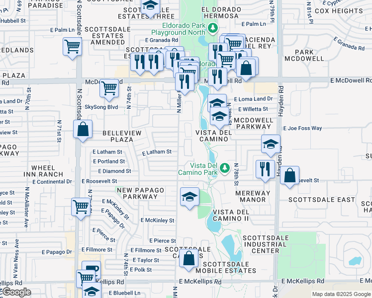 map of restaurants, bars, coffee shops, grocery stores, and more near 1221 North Miller Road in Scottsdale