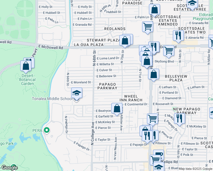 map of restaurants, bars, coffee shops, grocery stores, and more near 6908 East Latham Street in Scottsdale