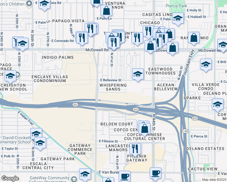 map of restaurants, bars, coffee shops, grocery stores, and more near 4101 East Portland Street in Phoenix