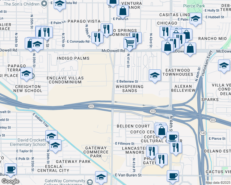 map of restaurants, bars, coffee shops, grocery stores, and more near 4007 East Portland Street in Phoenix