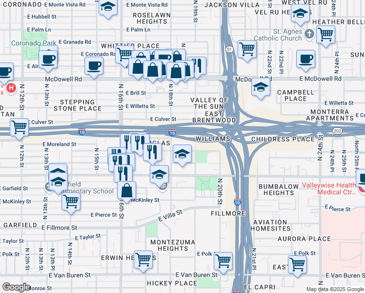 map of restaurants, bars, coffee shops, grocery stores, and more near 1817 East Portland Street in Phoenix