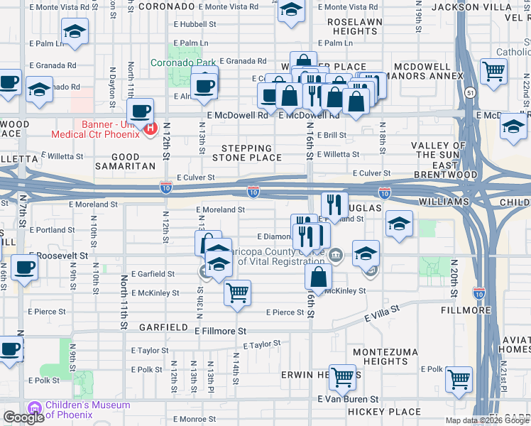 map of restaurants, bars, coffee shops, grocery stores, and more near 1444 East Portland Street in Phoenix