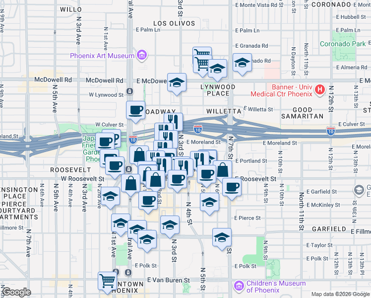 map of restaurants, bars, coffee shops, grocery stores, and more near in Phoenix