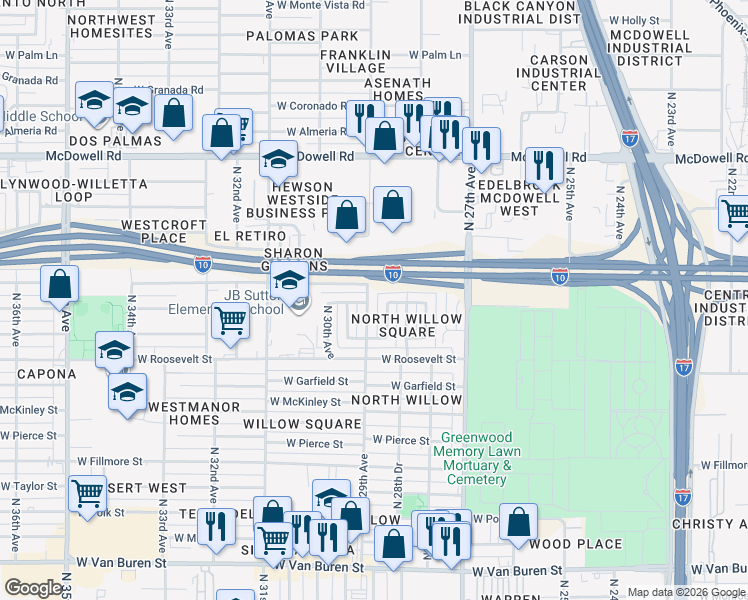 map of restaurants, bars, coffee shops, grocery stores, and more near 1114 North 29th Avenue in Phoenix