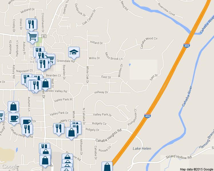 map of restaurants, bars, coffee shops, grocery stores, and more near 3440 Hillway Drive in Vestavia Hills
