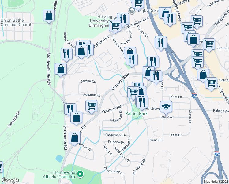 map of restaurants, bars, coffee shops, grocery stores, and more near 526 Edgeknoll Lane in Birmingham