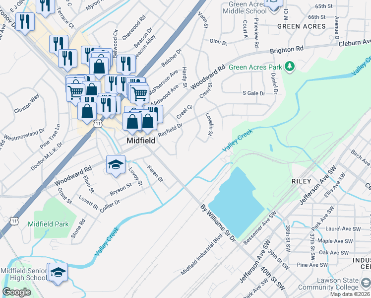 map of restaurants, bars, coffee shops, grocery stores, and more near 545 Henson Street in Birmingham