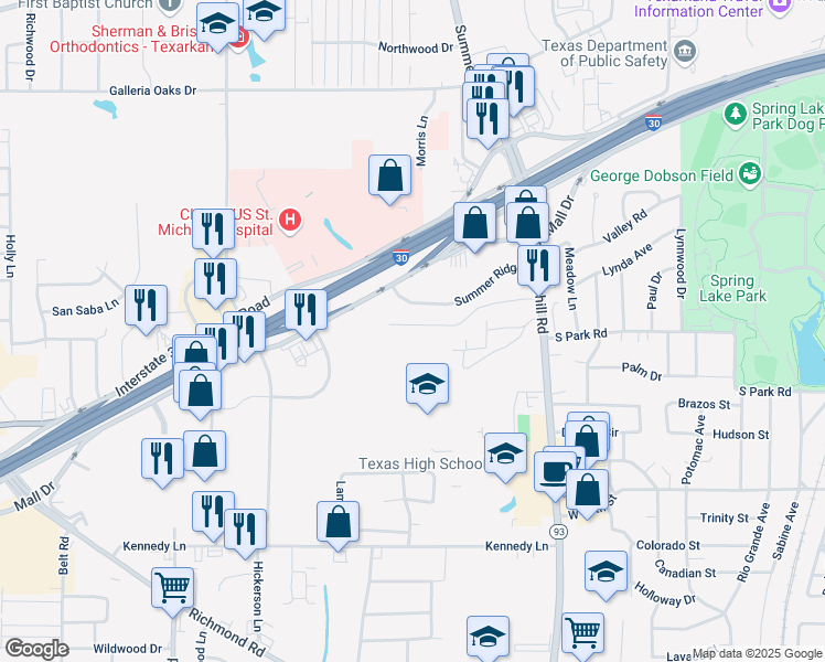 map of restaurants, bars, coffee shops, grocery stores, and more near 2001-2099 Interstate 30 Frontage Road in Texarkana