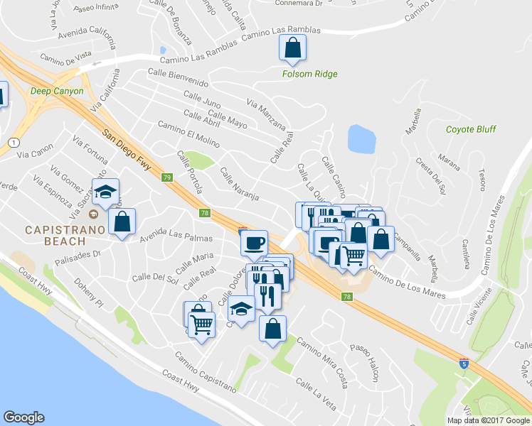map of restaurants, bars, coffee shops, grocery stores, and more near 34582 Calle Portola in Dana Point