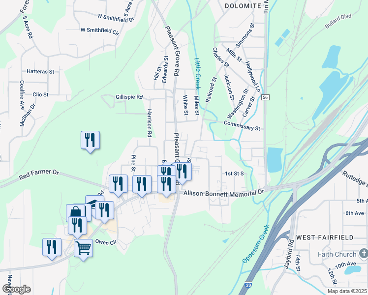map of restaurants, bars, coffee shops, grocery stores, and more near 1601 James Street in Hueytown