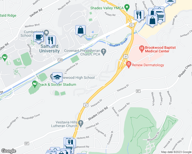 map of restaurants, bars, coffee shops, grocery stores, and more near 153 Old Montgomery Highway in Birmingham