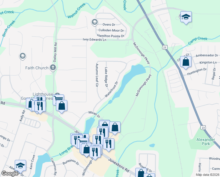 map of restaurants, bars, coffee shops, grocery stores, and more near 800 Lake Ridge Drive in McDonough