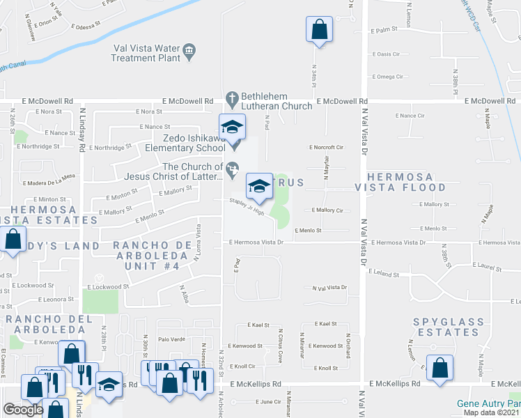 map of restaurants, bars, coffee shops, grocery stores, and more near 3250 East Hermosa Vista Drive in Mesa