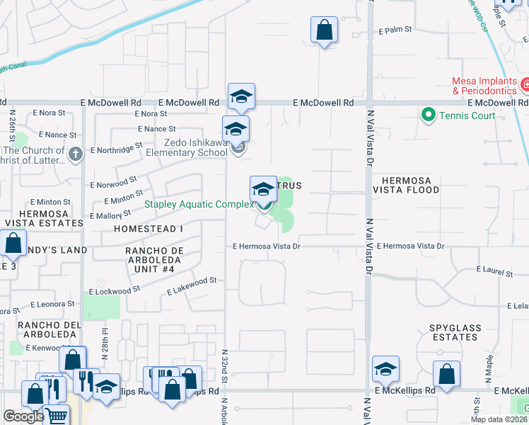 map of restaurants, bars, coffee shops, grocery stores, and more near 3250 East Hermosa Vista Drive in Mesa