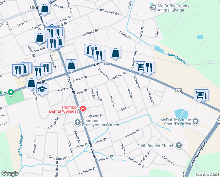 map of restaurants, bars, coffee shops, grocery stores, and more near 418 Dixie Drive in Thomson