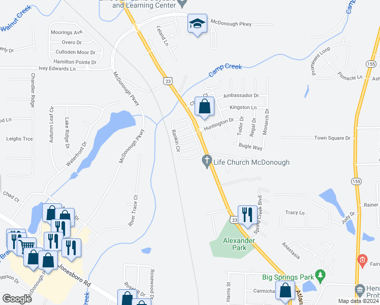 map of restaurants, bars, coffee shops, grocery stores, and more near 1325 Bass Lane in McDonough
