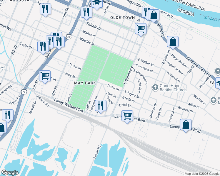 map of restaurants, bars, coffee shops, grocery stores, and more near 17 Hale Street in Augusta
