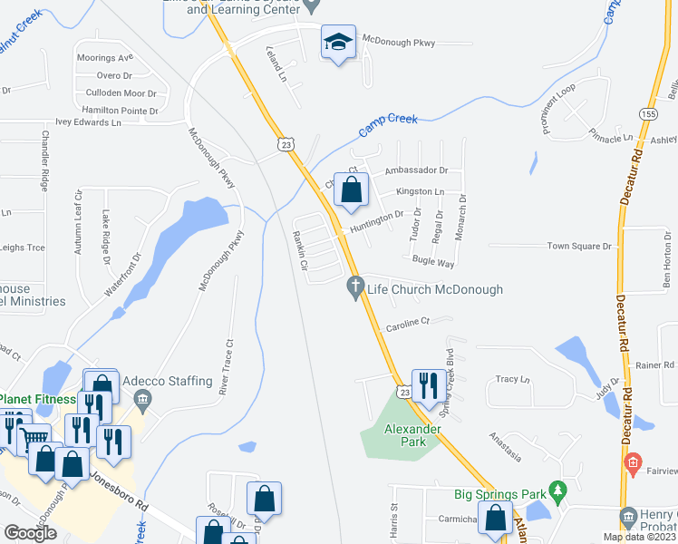 map of restaurants, bars, coffee shops, grocery stores, and more near 365 Rankin Circle in McDonough