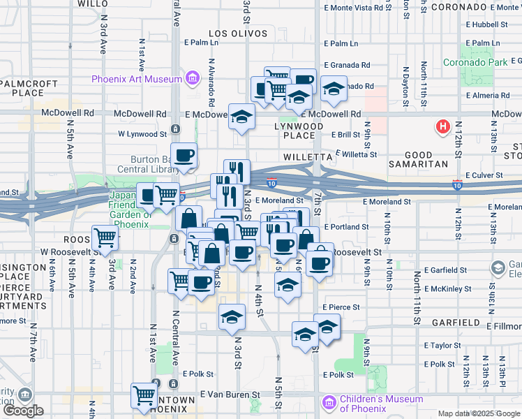 map of restaurants, bars, coffee shops, grocery stores, and more near 1125 North 3rd Street in Phoenix