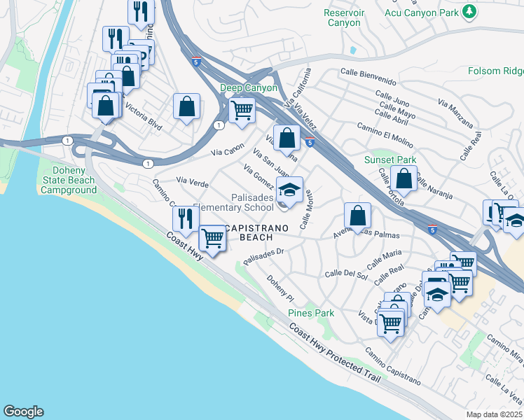 map of restaurants, bars, coffee shops, grocery stores, and more near 26435 Via Sacramento in Dana Point