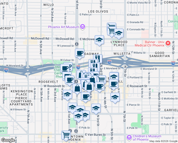 map of restaurants, bars, coffee shops, grocery stores, and more near 1109 North 2nd Street in Phoenix